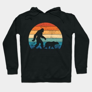 Vintage Bigfoot Hiking With Bear Retro Sunset Outdoor Hoodie